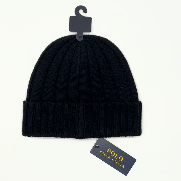 Polo Ralph Lauren Men's Black Wool Blend Ribbed Cuff Knit Beanie Hat RL Pony - Picture 2 of 5